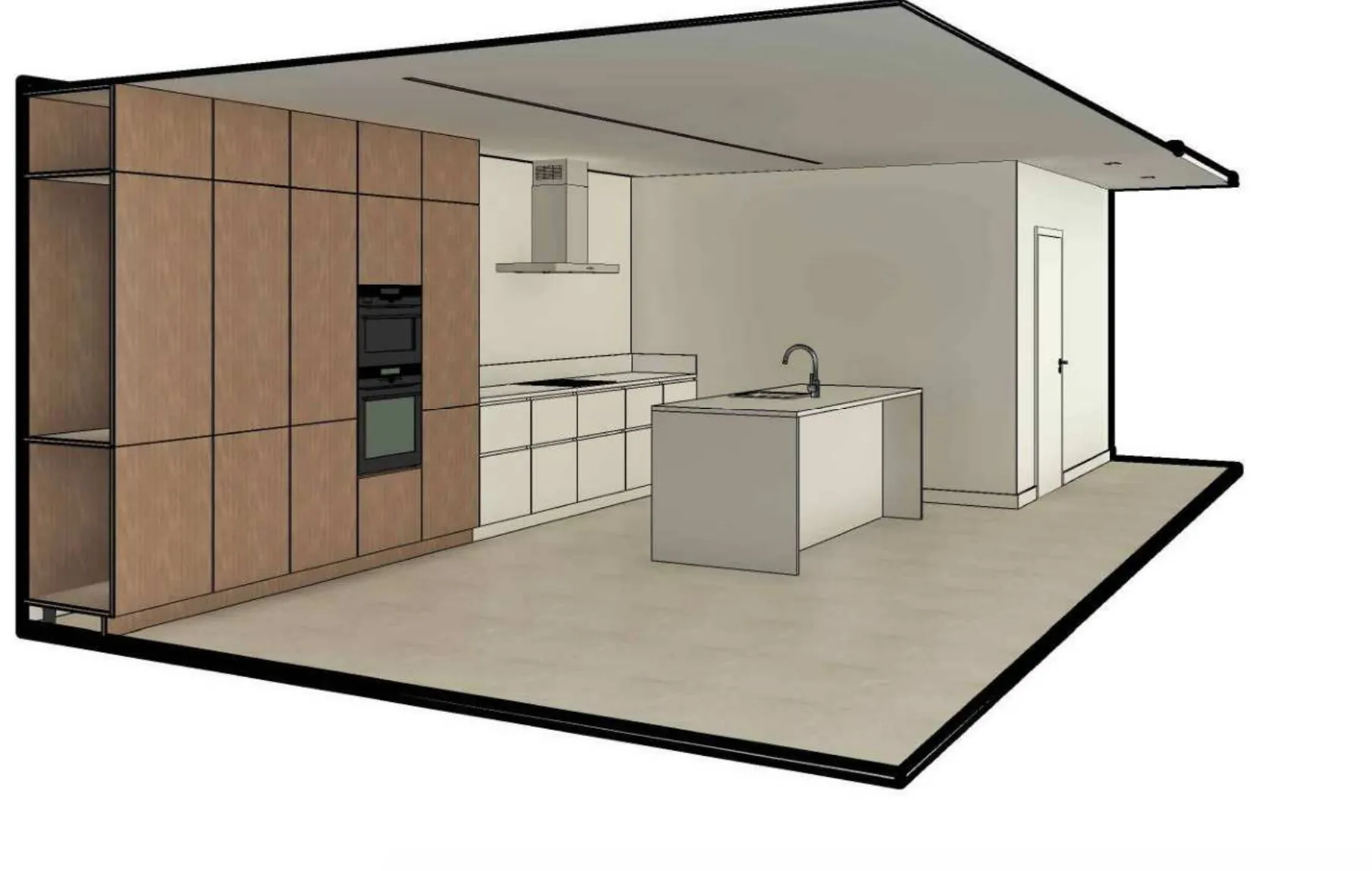 3D perspective drawing of the kitchen: full-height oak cabinets on the left, a hood over the hob and a central island